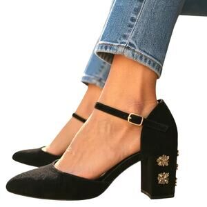 Fareylrobin Women's 11 Black Velvet Jeweled 3 1/2 High Heel Stiletto Pumps Shoes